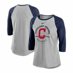 Best Sale 🎁 Nike 👩 Women's Gray, Navy Cleveland Indians Encircled Tri-Blend 3/4-Sleeve Raglan T-shirt 🔔