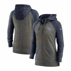 Outlet 😉 Nike 👩 Women's Heathered Charcoal, Navy Tennessee Titans Gym Vintage-Like Raglan Full-Zip Hoodie Heather Charcoal 👏