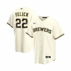 Best deal 👏 Nike Men's Christian Yelich Cream Milwaukee Brewers Alternate Replica Player Jersey 🔔